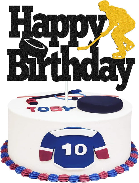 Hockey Cake Topper Hockey Player Figurines Happy Birthday Cake Decor for Kids Boys Girls Ice Hockey Sport Themed Party Supplies Black Sparkle Deco...