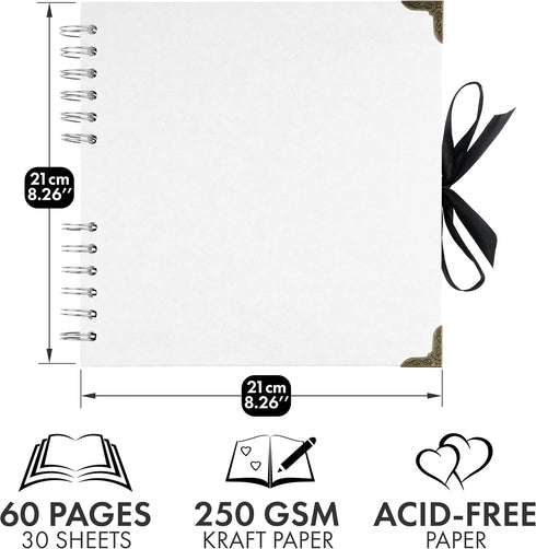 Bstorify Square Scrapbook Photo Albums 60 Pages (21 x 21 cm) White Thick Paper, Hardcover, Metal Corners, Ribbon Closure - Ideal for Your Scrapboo...