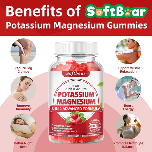 Potassium Gummies for Adults, High Absorption Magnesium Potassium Supplement with Vitamin B6 for Leg Cramps & Muscle Health Sugar-Free Vegan Straw...