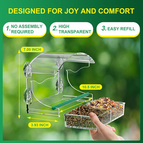 Clear Window Bird Feeder with 4 Strong Suction Cups and Detachable Seed Tray, Acrylic Birds Feeders for Outside Mounted Viewing Wild Birds Bird Ho...