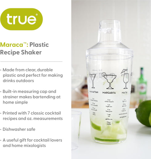 True Maraca Cocktail Shaker with Built In Strainer, Drink Mixer with 7 Classic Drink Recipes & Measurements, Perfect for Game Nights, BBQ, House P...