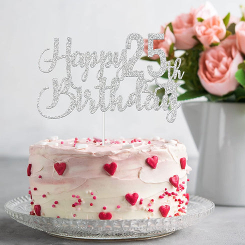 Silver Glitter Happy 25th Birthday Cake Topper - 25th Birthday Cake Topper, 25th Birthday Party Decoration...