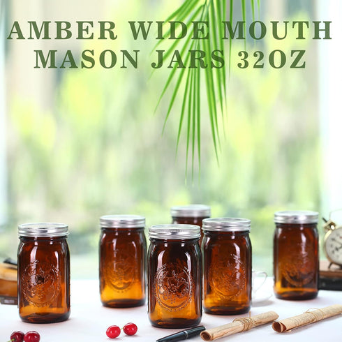 eleganttime Amber Glass Mason Jars 32 oz Wide Mouth with Airtight Lids and Bands 6 Pack Large Glass Canning Mason Jars Quart,Great for Canning Jar...