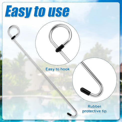 2pcs Swimming Pool Skimmer Basket Hook, 14.57in Long Stainless Steel Skimmer Basket Handle Skimmer Lid Lifting Extension Hook Debris Remover Tool ...