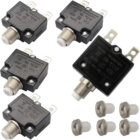 5pcs Push Button Reset 5A 10A 15A 20A 30A Circuit Breakers with Quick Connect Terminals and Waterproof Button Cap...