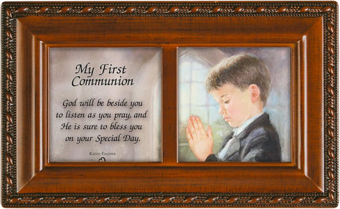 Cottage Garden First Communion God Beside You Woodgrain Rope Trim Petite Music Box Plays Handel's Hallelujah...
