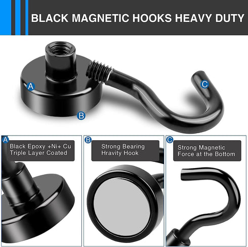 LOVIMAG Black Magnetic Hooks, 25lbs Strong Magnetic Hooks Heavy Duty with Epoxy Coating for Refrigerator, Magnetic Cruise Hooks for Hanging, Class...