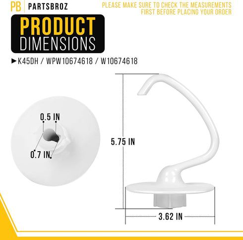 PartsBroz Kitchen Aid Dough Hook Attachment for Stand Mixer 4.5 Qt, 5 Qt for KitchenAid Dough Hook Attachment K45DH for Artisan Bread Kneading Mod...