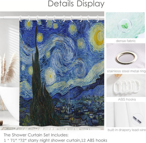 IcosaMro Starry Night Shower Curtain for Bathroom with Hooks, V. Gogh Stars Art Decorative Long Cloth Fabric Shower Curtain Bath Decorations - 71W...