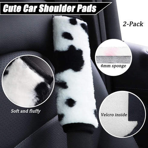 LUOYOYY 8 Pack Cute Cow Print Plush Fluffy Steering Wheel Covers Set with Fluffy Gear Shift Cover & Handbrake Cover & Fuzzy Seat Belt Pads & Car C...