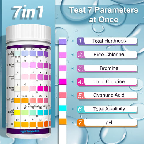 EASYTEST 7-Way Pool Test Strips, 150 Strips Water Chemical Testing for Hot tub and Spa, Accurate Test Bromine, Total Alkalinity, pH, Free Chlorine...