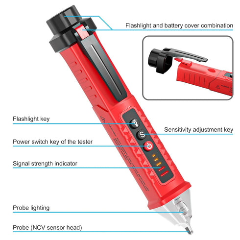 Voltage Tester HS-3201 Red,Non Contact Voltage Tester AC, Multi-Function Electricity Detector Pen 90V-1000V with LED Flashlight Buzzer Alarm Wire ...