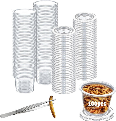 Small Reptile Food Plastic Replacement Cup Worm Water Dish Feeder Lizard Gecko Ceramic Pet Bowls with Tongs for Tortoise Lizard Bearded Dragon Fro...