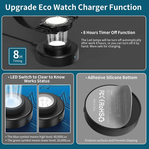 Solar Watch Charger, 8 Hours Timing Off with Men, Women & Square 3 Caps, LED UV Light Charge Eco Driver Watches Compatible Casio/Tough/Protrek/Sei...