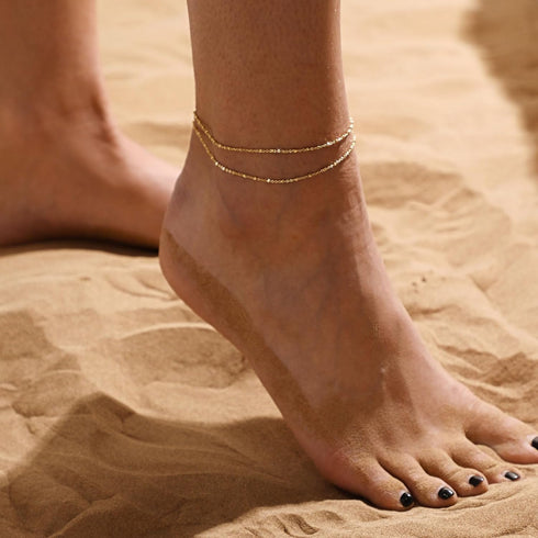 ASCOMY Ankle Bracelets for Women 14K Gold Plated Anklet for Women Silver Layered Shining Tennis Anklet Dainty Beaded Bar Dot Pearl Satellite Link ...
