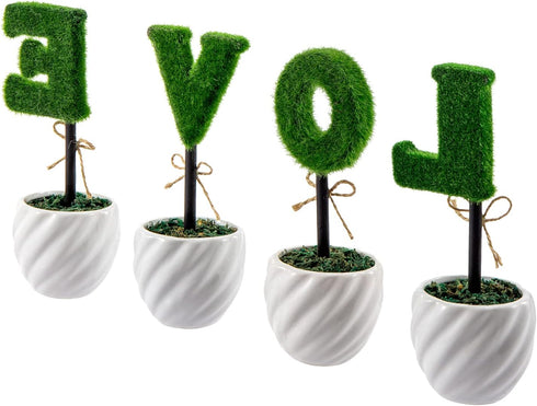 MyGift Decorative L-O-V-E Letter Shaped Small Faux Topiary Trees in White Ceramic Pots, Indoor Artificial Plants Sculpted Love Hedge Gift for Mom,...