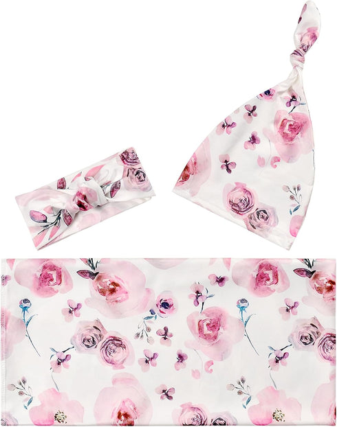 Newborn Receiving Blanket and Headband Set Flower Print Baby Swaddle Wrap Floral (Pink 3)...