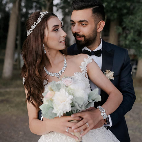 SAILIMUE Wedding Bridal Jewelry Set For Women Rhinestone Teardrop Cluster Statement Necklace Dangle Earrings Bracelet Jewelry Set For Wedding Part...