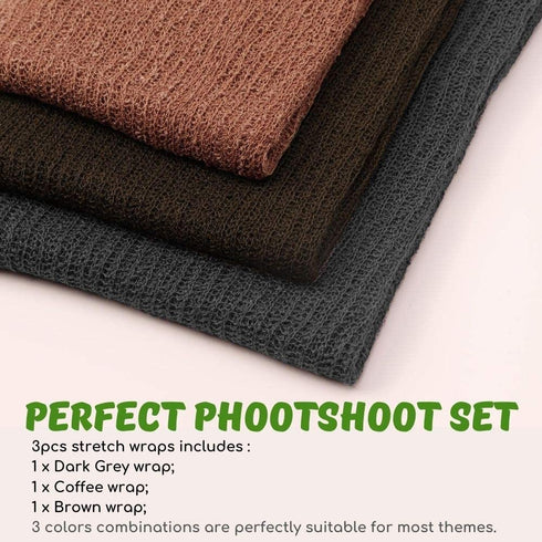 Sunmig Newborn Photography Props - 3 Pcs Stretch Wraps, Professional Baby Photo Props, Long Ripple Wrap for 0-6 Months (Dark Grey+Coffee+Brown)...