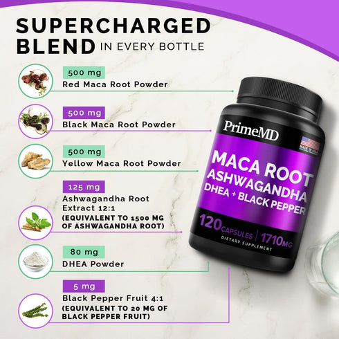 6-in-1 Organic Maca Root & Ashwagandha Capsules 1710mg w/DHEA & Black Pepper Fruit Extract - Maca Root Capsules for Women & Men - Stamina, Bone an...