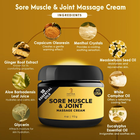 Sore Muscle & Joint Cream - Soothing Massage Relief for Neck, Back, Hands, Feet - Warming Hot Cream with Natural Essential Oils, Deeply Penetrates...