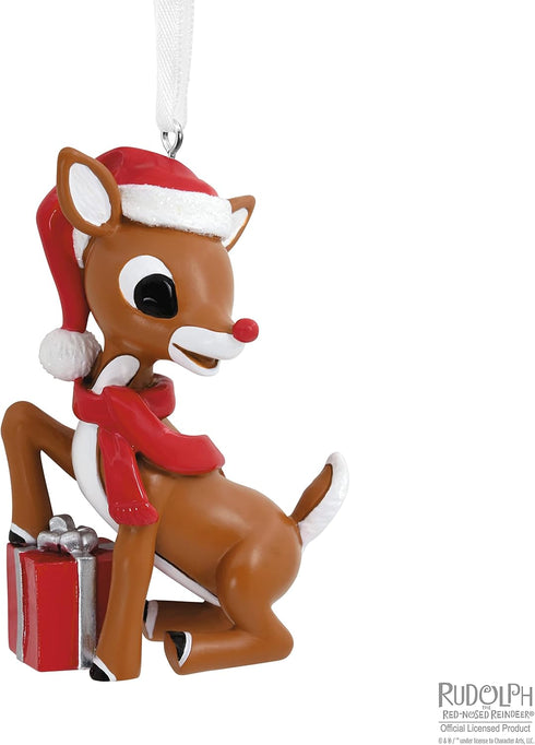 Hallmark Rudolph the Red-Nosed Reindeer in Santa Hat With Present Christmas Ornament...