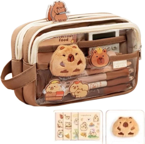 Pencil Pouch Large Capacity Multi-Layer Transparent Pencil Pouch - Waterproof, Zippered, Bonus Doll & Stickers, YS2401...