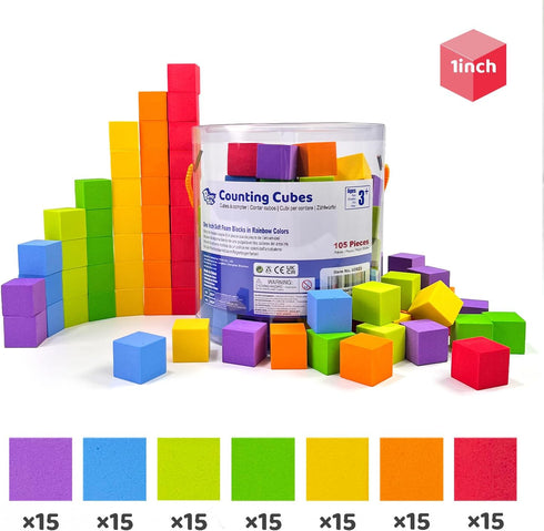 Foam Counting Blocks, 105 Pieces 1 Inch Soft Rainbow Math Counters Cubes, Math Manipulatives Preschool, Classroom Learning Supplies, Stacking Bloc...