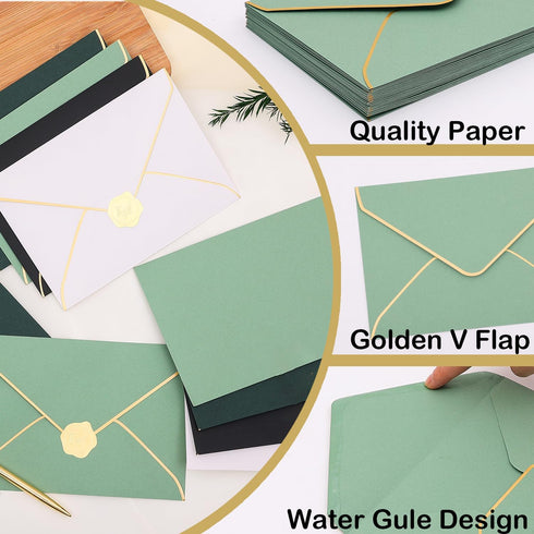 50 pcs Sage Green Envelope with V-Flap, Gold Border & Golden Sticker, 5 x 7 Self Adhesive Envelopes for Office, Invitation, Wedding, Graduation...