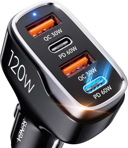 SUNDA 120W USB C Fast Car Charger, 4-Ports Car Charger Adapter, Dual Type C PD60W/PPS60W Compatible with iPhone15/14 Pro/Max/iPhone13/Galaxy/Samsu...