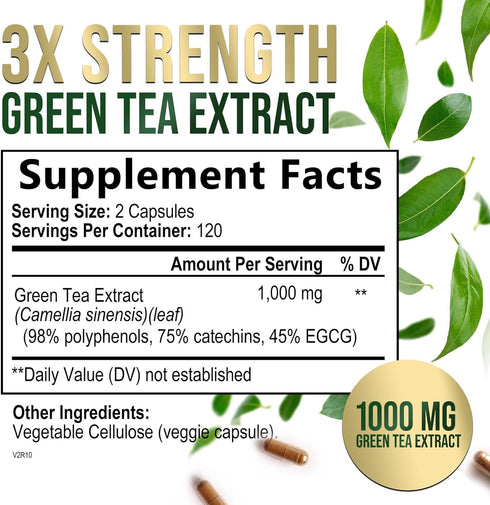 Green Tea Extract Capsules 1000mg 98% Standardized EGCG - 3X Strength for Natural Energy - Heart Support with Polyphenols - Gentle Caffeine - 240 ...