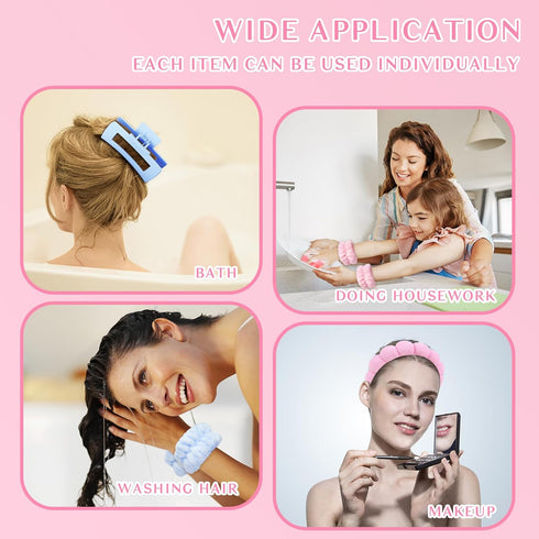 Wecoe Pink Blue Spa Headband And Wristband Set Skincare Headband For Washing Face Hair Claw Clips For Thick Hair Cute Puffy Sponge Bubble Makeup H...