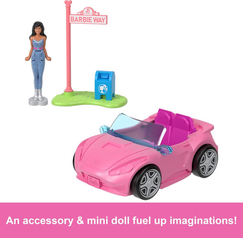 Barbie Mini BarbieLand Doll & Toy Vehicle Sets, 1.5-inch Doll & Convertible Car with Color-Change Surprise, Plus Street Sign Accessory...