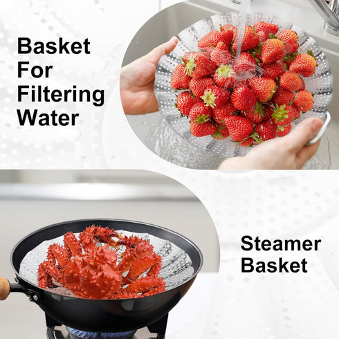3-Piece Steamer Basket Set: Stainless Steel Adjustable Folding Veggie and Seafood Steamer, Expandable to Fit Various Pot Sizes: 5.5" to 8.3", 6.3"...