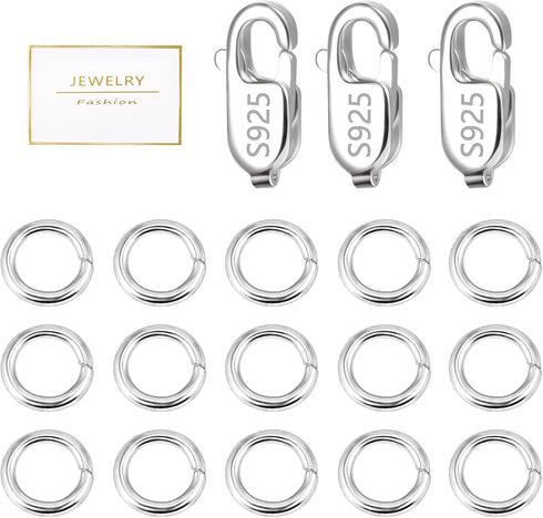 925 Sterling Silver Jewelry Making Lobster Claw 10mm, 23PCS Italian Rectangle Trigger Clasps with Open Jump Rings Set, Small Necklaces Bracelet Co...