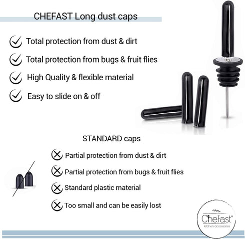 Bottle Pourers Set: 8 Stainless Steel Pour Spouts, 10 Long Dust Cap, 2 Cocktail Picks, Brush and Storage Bag - Metal Toppers for Liquor Spout Pour...