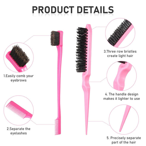 12 Pieces Hair Brush Set, Nylon Teasing Hair Brushes 3 Row Salon Teasing Brush, Double Sided Hair Edge Brush Smooth Comb Grooming, Rat Tail Combs ...
