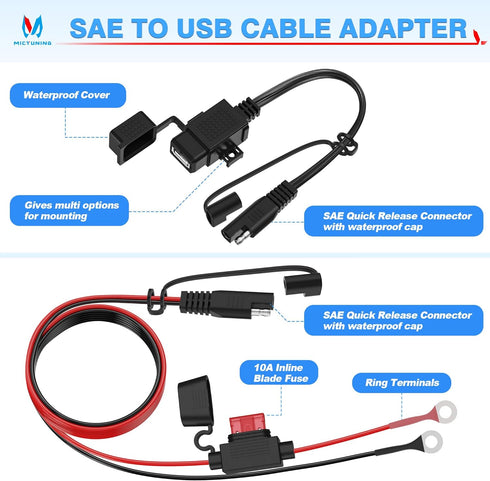 MICTUNING SAE to USB Cable Adapter Waterproof USB Charger Quick 2.1A Port with Inline Fuse for Motorcycle Cellphone Tablet GPS and More......
