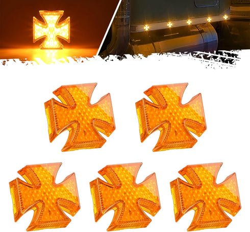 Partsam 5Pcs 2 inch Cross Amber 12 LED Side Marker Clearance Lights with 2 Bullet Plugs IP67 Waterproof for 12V-24V Trailer Truck RV Camper Surfac...