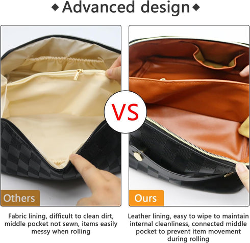 Large Capacity Makeup Bag, Travel Cosmetic Bag, PU Leather Makeup Pouches for Women, Waterproof Portable Large Wide-open Pouch with Divider and Ha...
