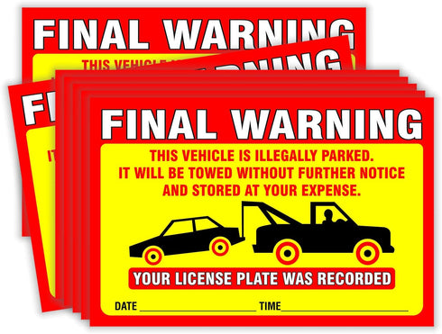 Final Warning Stickers (Pack of 50) Parking Violation Notice Vehicle is Illegally Parked - Large Size 6" X 9" – Yellow...