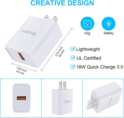 Quick Charge 3.0 Fast Charger Block for Samsung Galaxy S24 Ultra S23 FE S22 S21 S20 S10e S9 A15 A25 A54 A14 A03s A10e A11 A21 A20 A51, Moto G Powe...