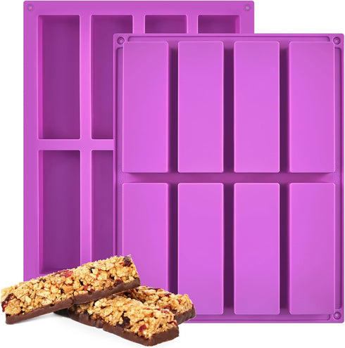 8 Cavity Granola Bar Molds, 2 Pack Rectangle Silicone Chocolate Candy Bar Molds for Baking Cereal Energy Bar, Protein Bar, Brownie, Cheesecake...