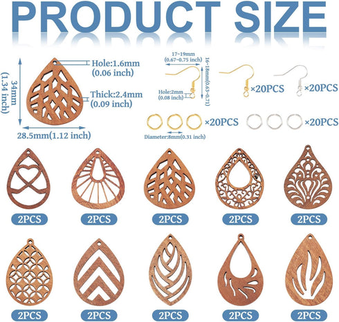 Cheriswelry DIY Jewelry Earring Making Kit Wood Drop Dangle Earring for Jewelry Making with 20pc Teardrop Walnut Wood Laser Cut Pendants & 40pcs B...