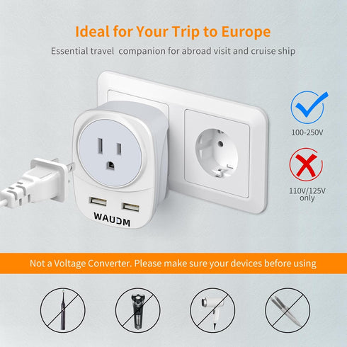 (two in a box) Europe Travel Plug Adapter, WAUDM, USA to Europe Plug Adapter, 4 USB PortsEU Adapter Converter for Italy, Spain, France,Portugal, I...