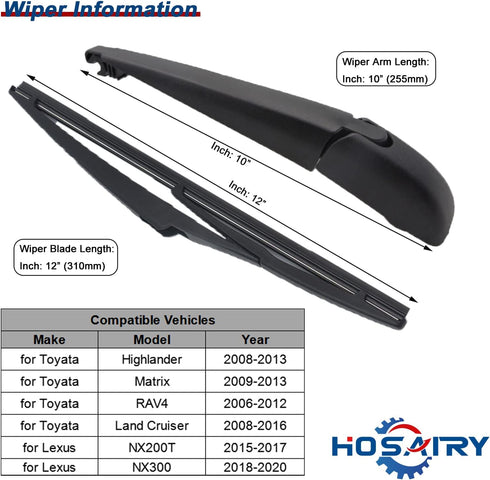 Rear Wiper Arm Blade Set for Toyota Highlander RAV4 Land Cruiser, for Lexus NX300h NX200T RX350L RX450, for Land Rover Discovery Sport Rear Windsh...
