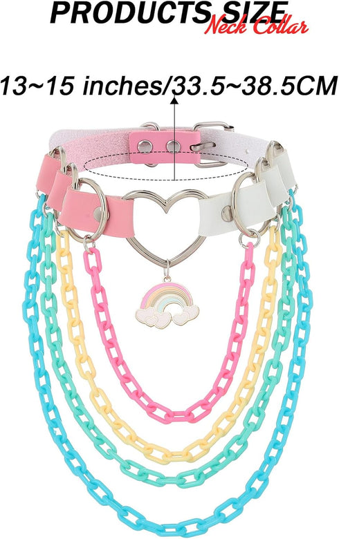 Navoky Punk Leather Choker Multilayered Acrylic Chain Heart Circle Necklace Gothic Layered Chain Collar Metal Ring Necklaces Adjustable Party Rave...