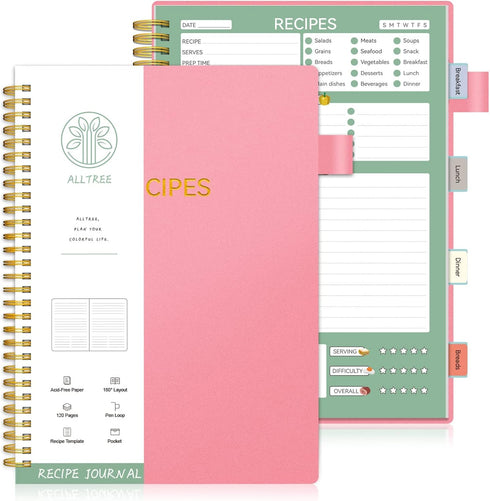 Alltree Recipe Notebook to Write in Your Own Recipes, Sprial Personal Blank Recipe Notebook, Blank Recipe Notebook with 15 Tabs for Family Cooking...