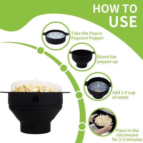 MMUGOOLER Original Microwave Popcorn Popper Silicone Popcorn Maker, Collapsible Bowl with Lid BPA Free and Dishwasher Safe, Quick & Easy(Black)...