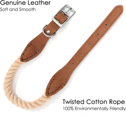 Mile High Life Rope Dog Collar | Durable Braided Cotton Rope Collars | Genuine Leather Dog Collar w Metal Pin Buckle | Classic Puppy Collars for D...